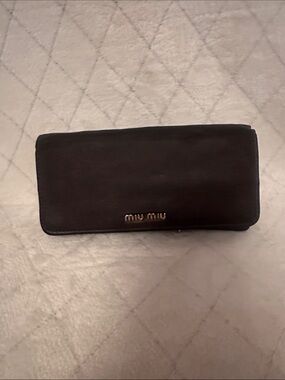 Miu Miu Black Leather Long Wallet with Gold Logo